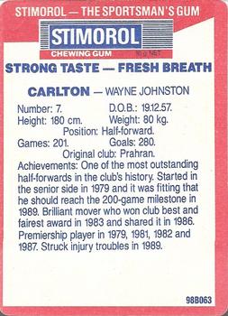 1990 AFL Scanlens Stimorol #90 Wayne Johnston Back